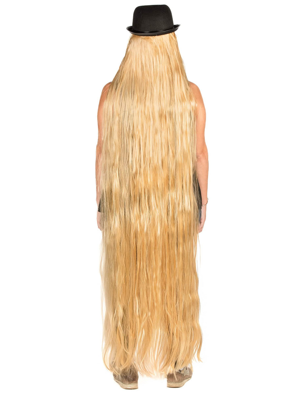 Pohled zezadu na extra dlouhou blond paruku pro dospělý