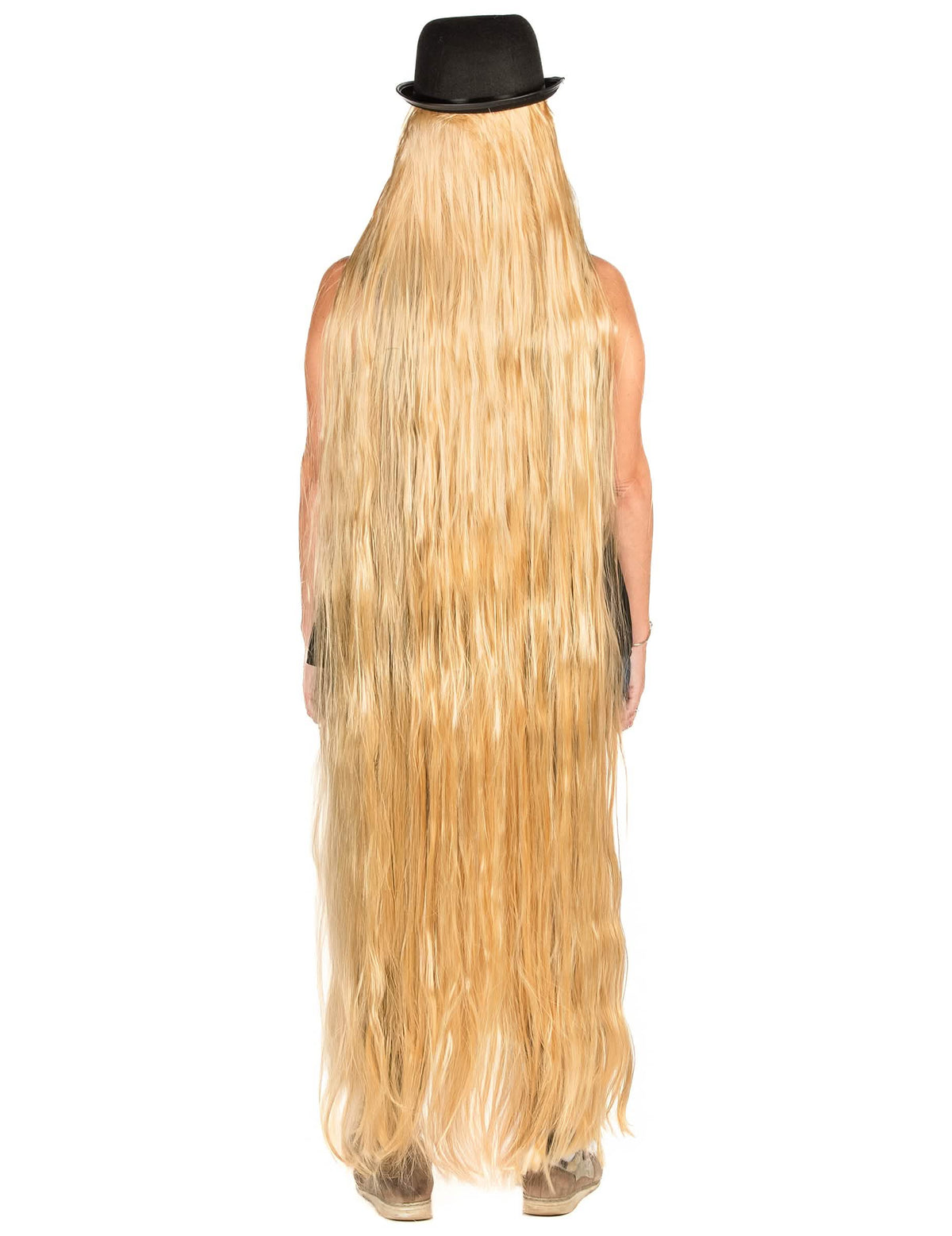 Pohled zezadu na extra dlouhou blond paruku pro dospělý