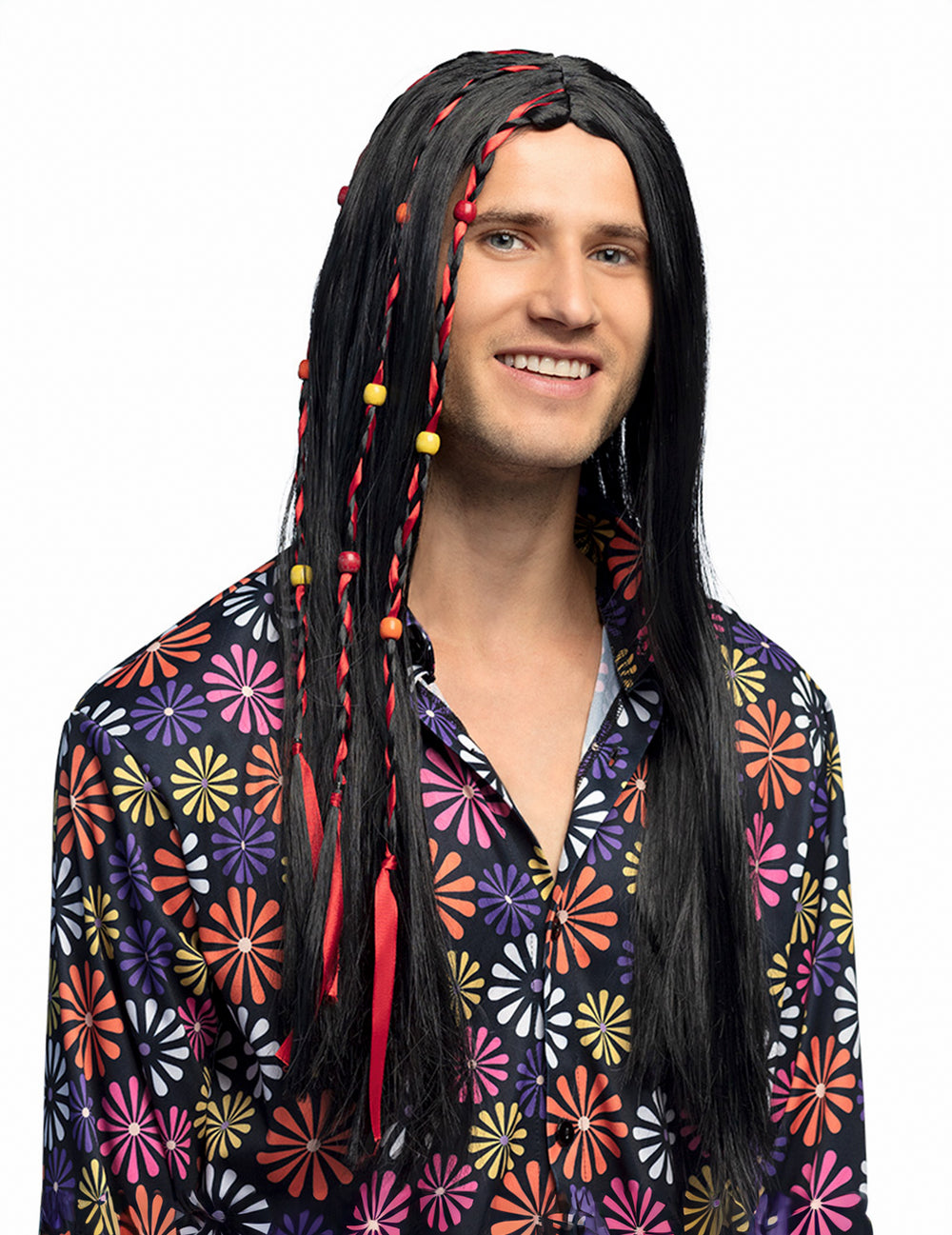Perruque hippie pour homme noire avec tresses et perles colorées