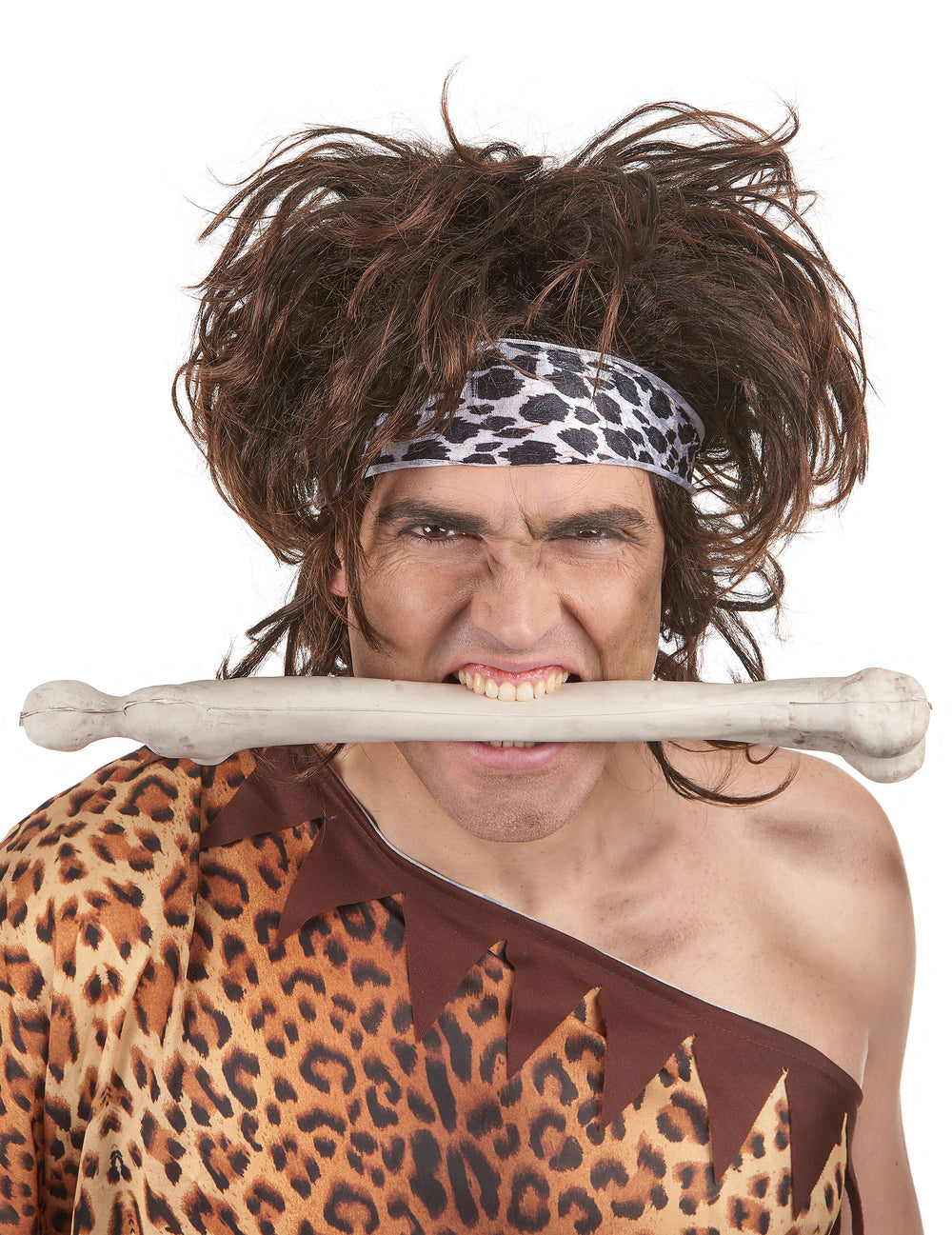 Perruque homme des cavernes pour homme châtain avec bandeau léopard