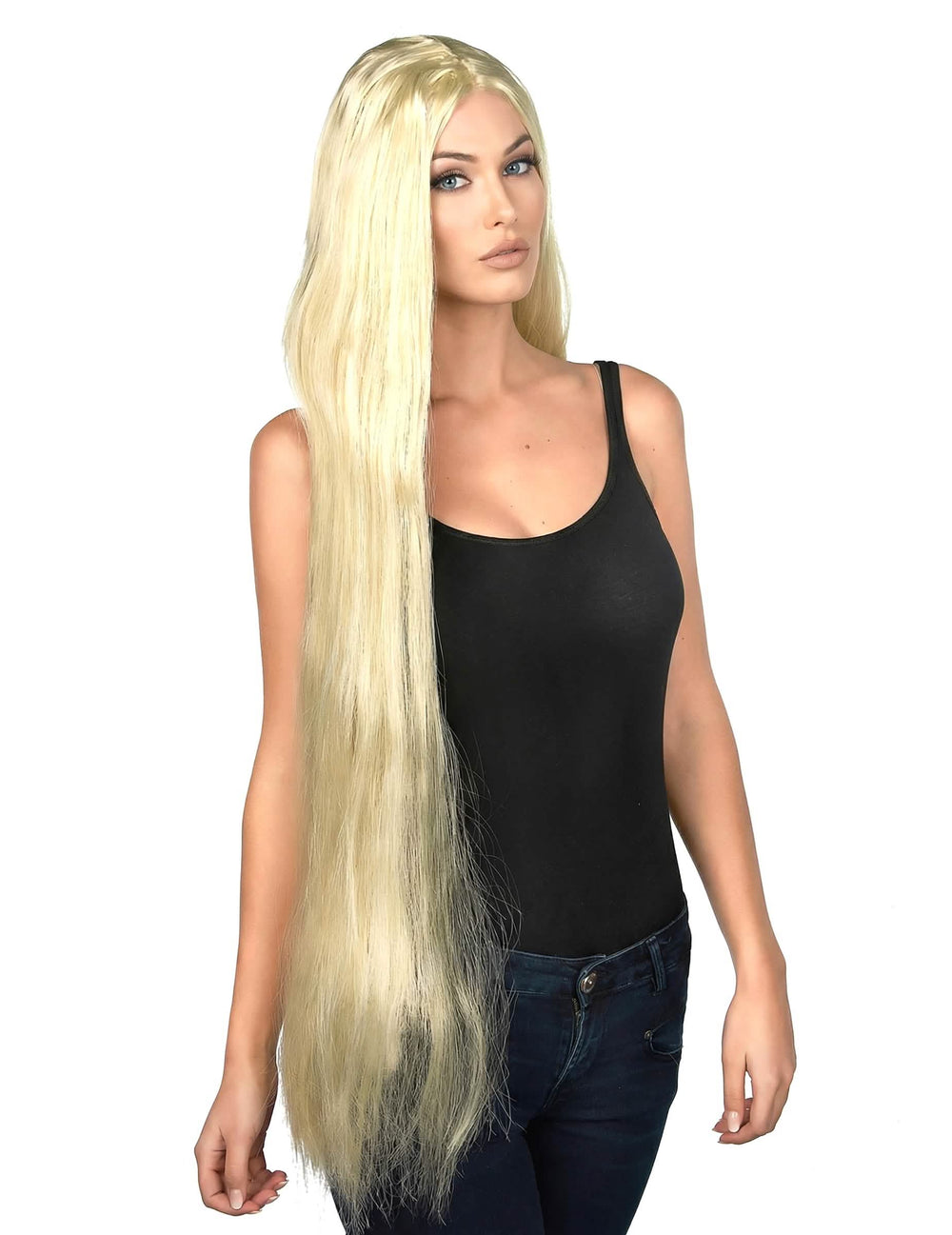 Pohled ze tří čtvrtin na dlouhou blond paruku pro ženu