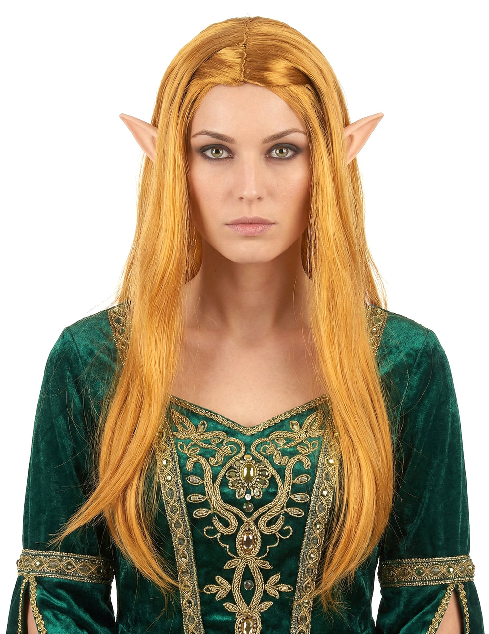 Perruque longue hippie pour femme rousse avec oreilles d'elfe