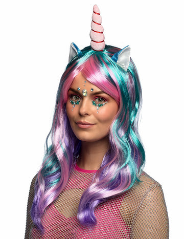 Perruque longue licorne des rêves pour femme multicolore rose bleu et violet avec corne et oreilles