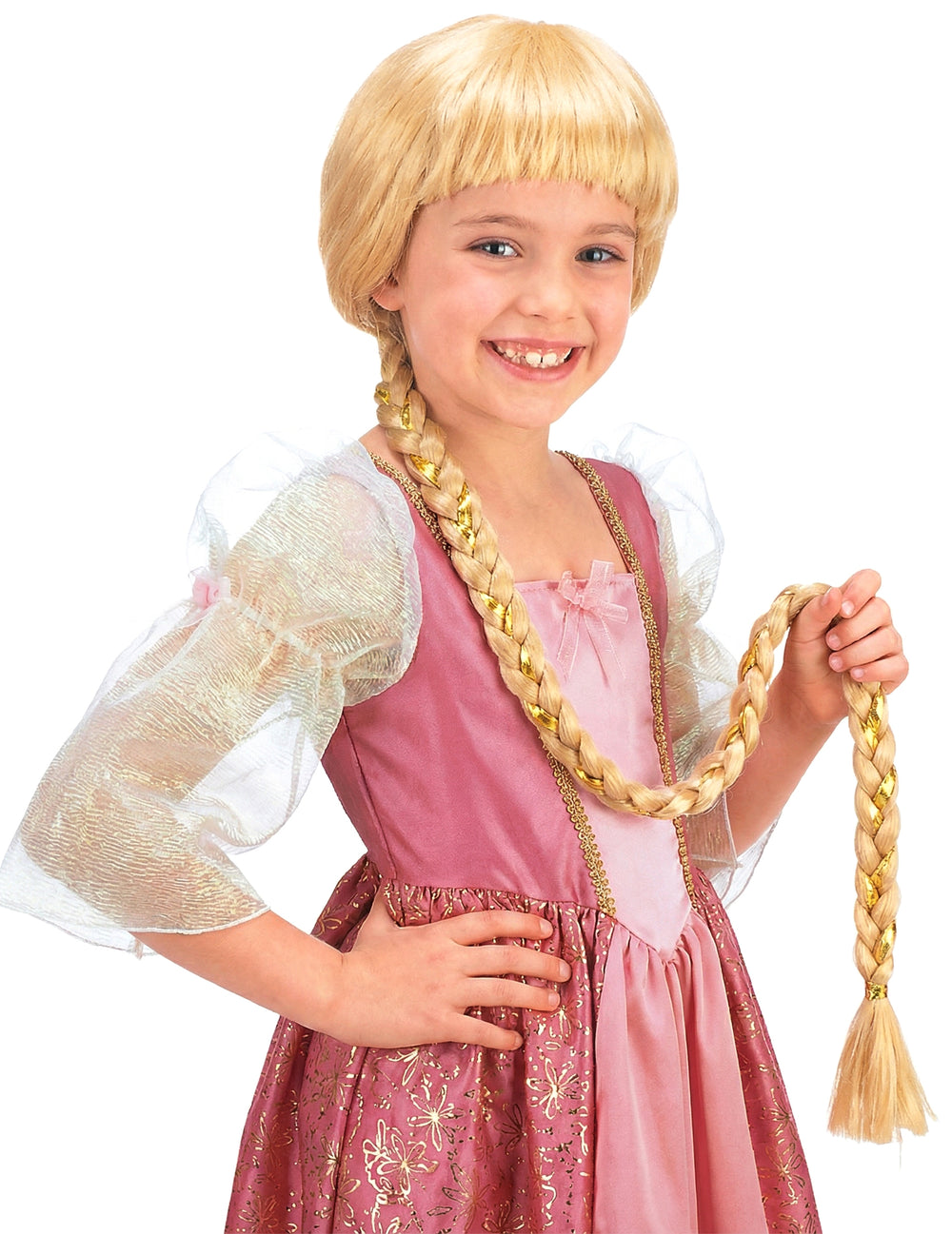 Perruque longue natte pour fille blonde avec ruban doré