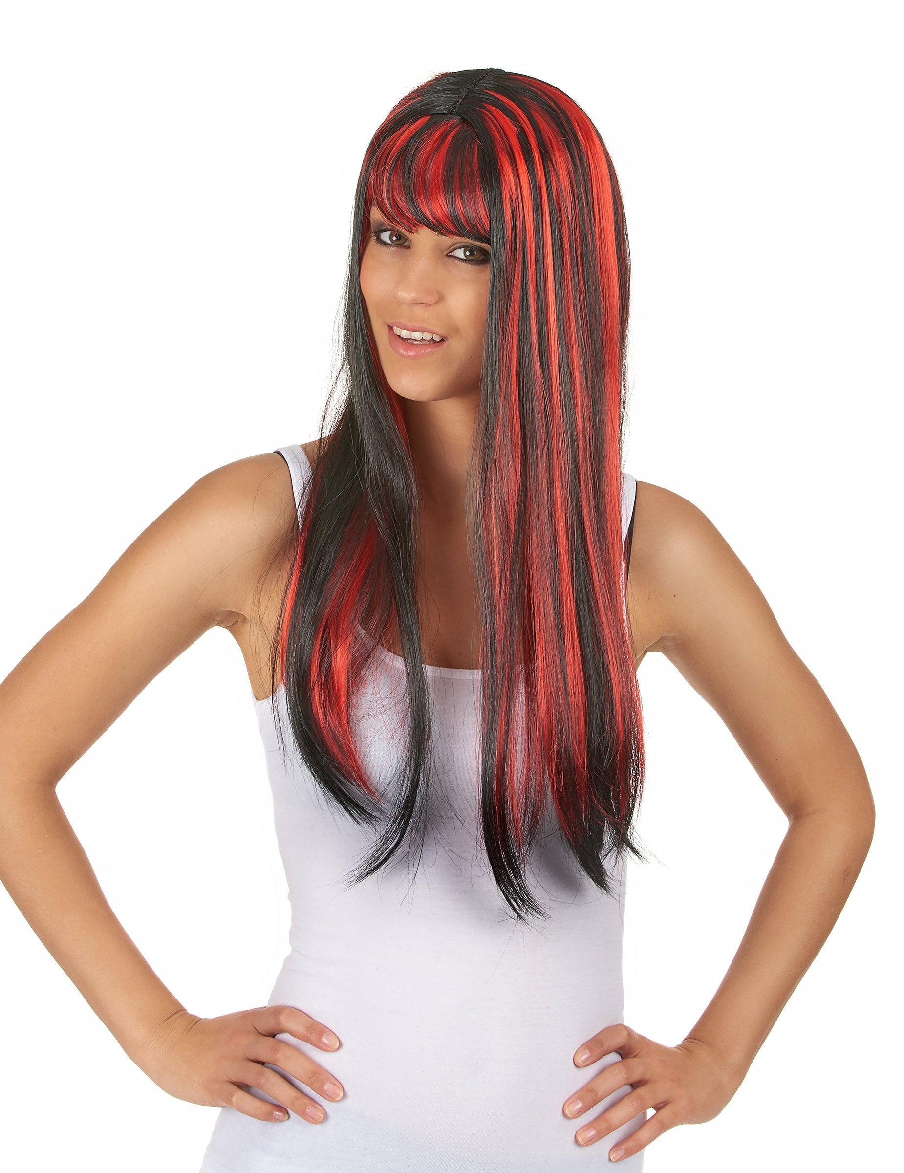 Perruque longue avec frange pour femme noire avec balayage rouge