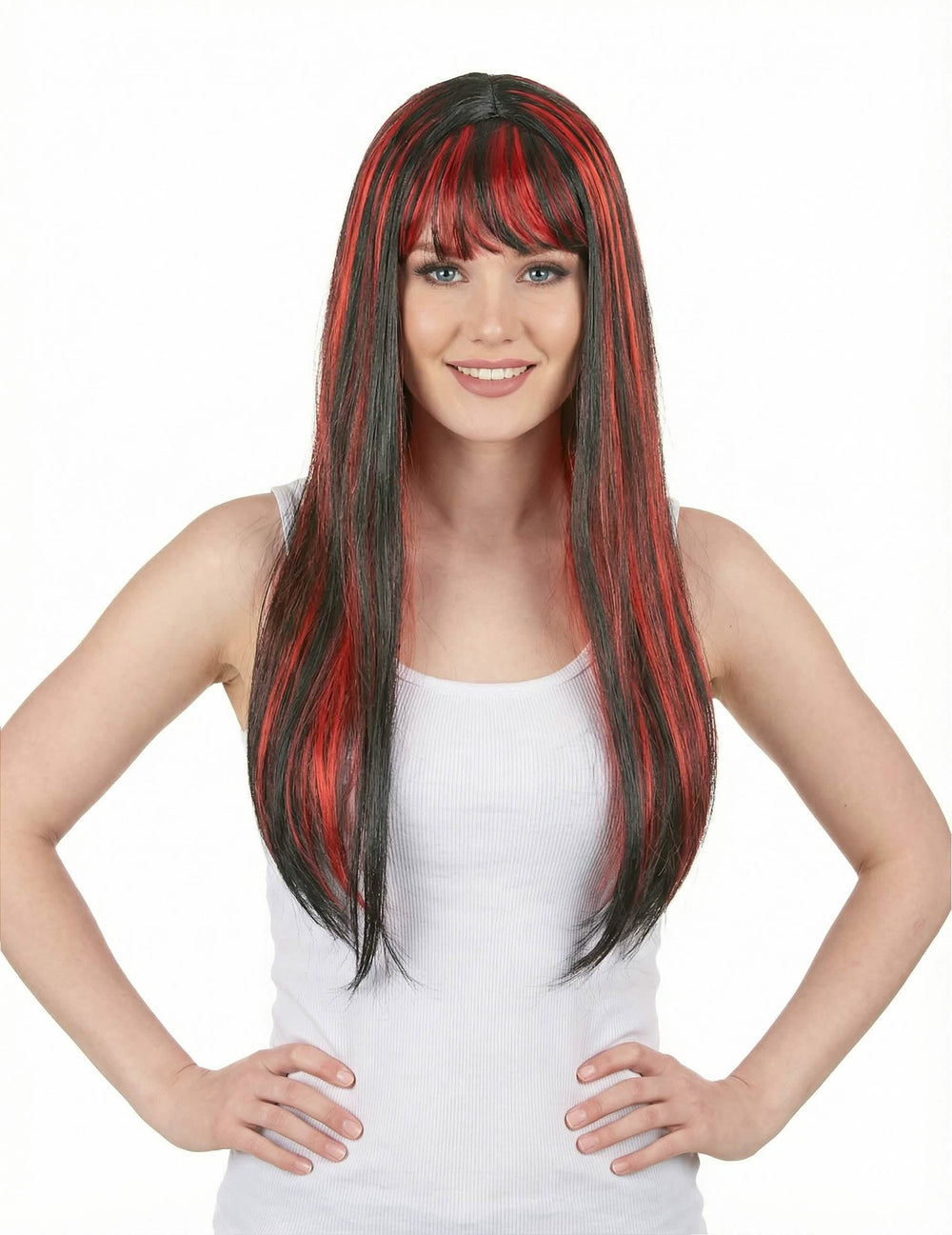 Dlouhá černá paruka s ofinou pro ženu s červeným balayage