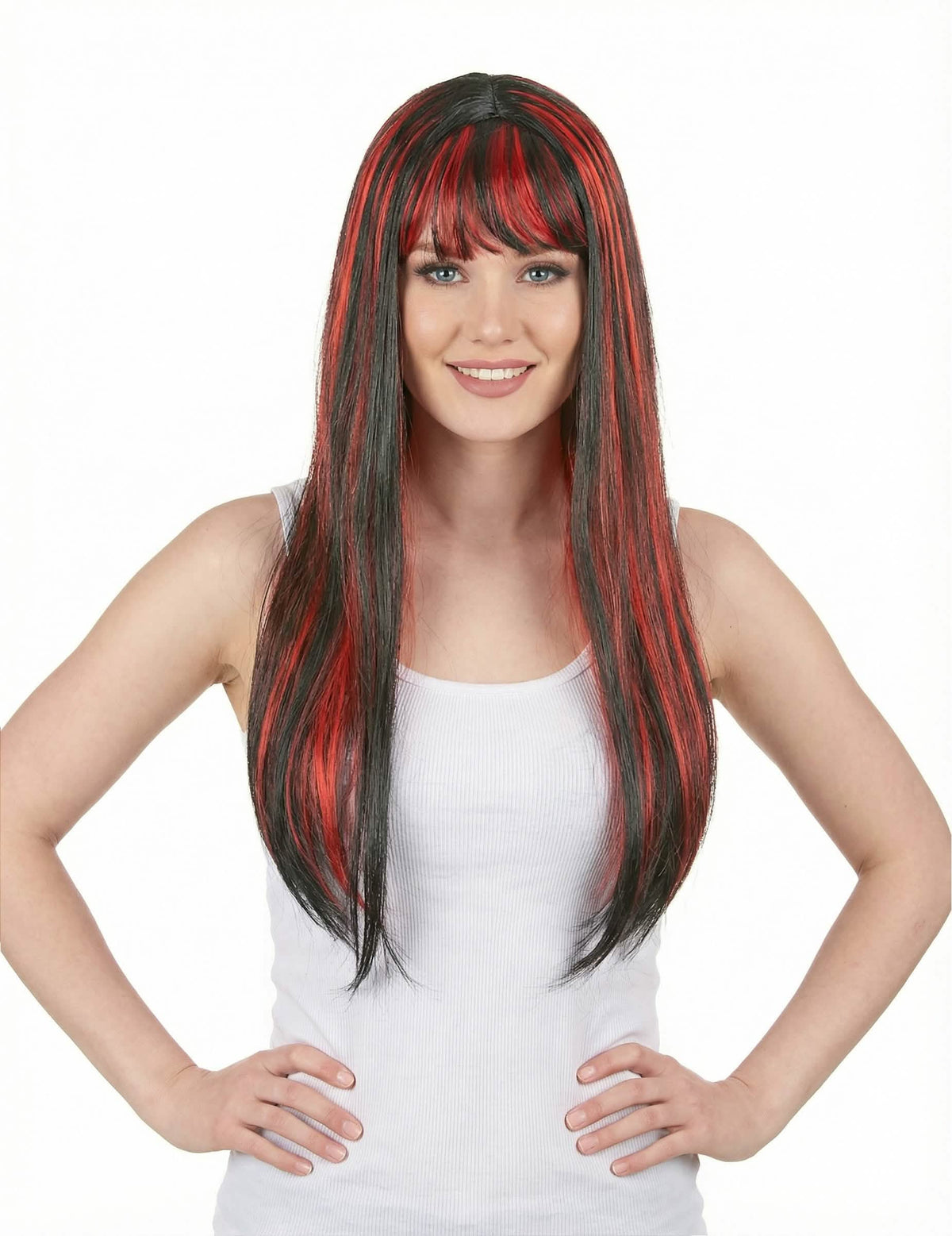 Dlouhá černá paruka s ofinou pro ženu s červeným balayage