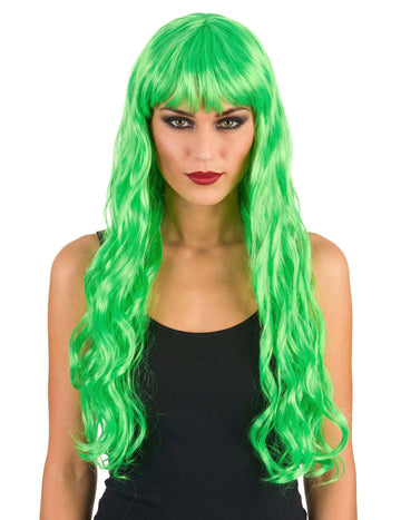 Neongrüne lockige Langhaarperücke mit Pony für Damen