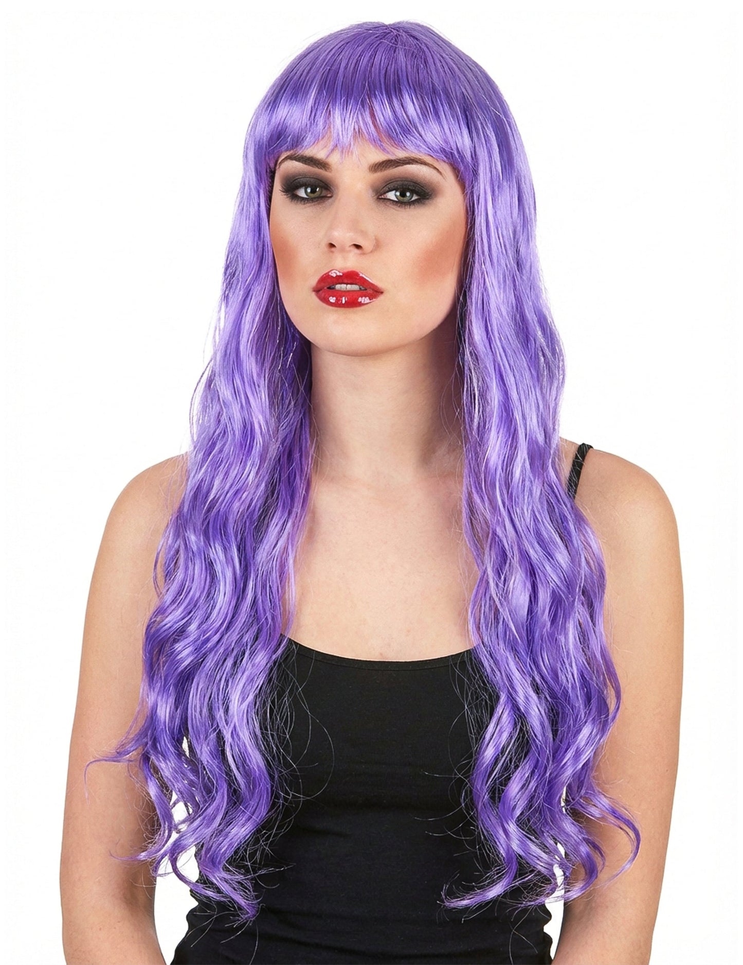Perruque longue ondulée à frange pour femme violette