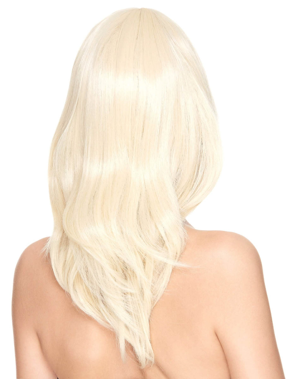 Pohled zezadu na středně dlouhou luxusní blond paruku pro ženu