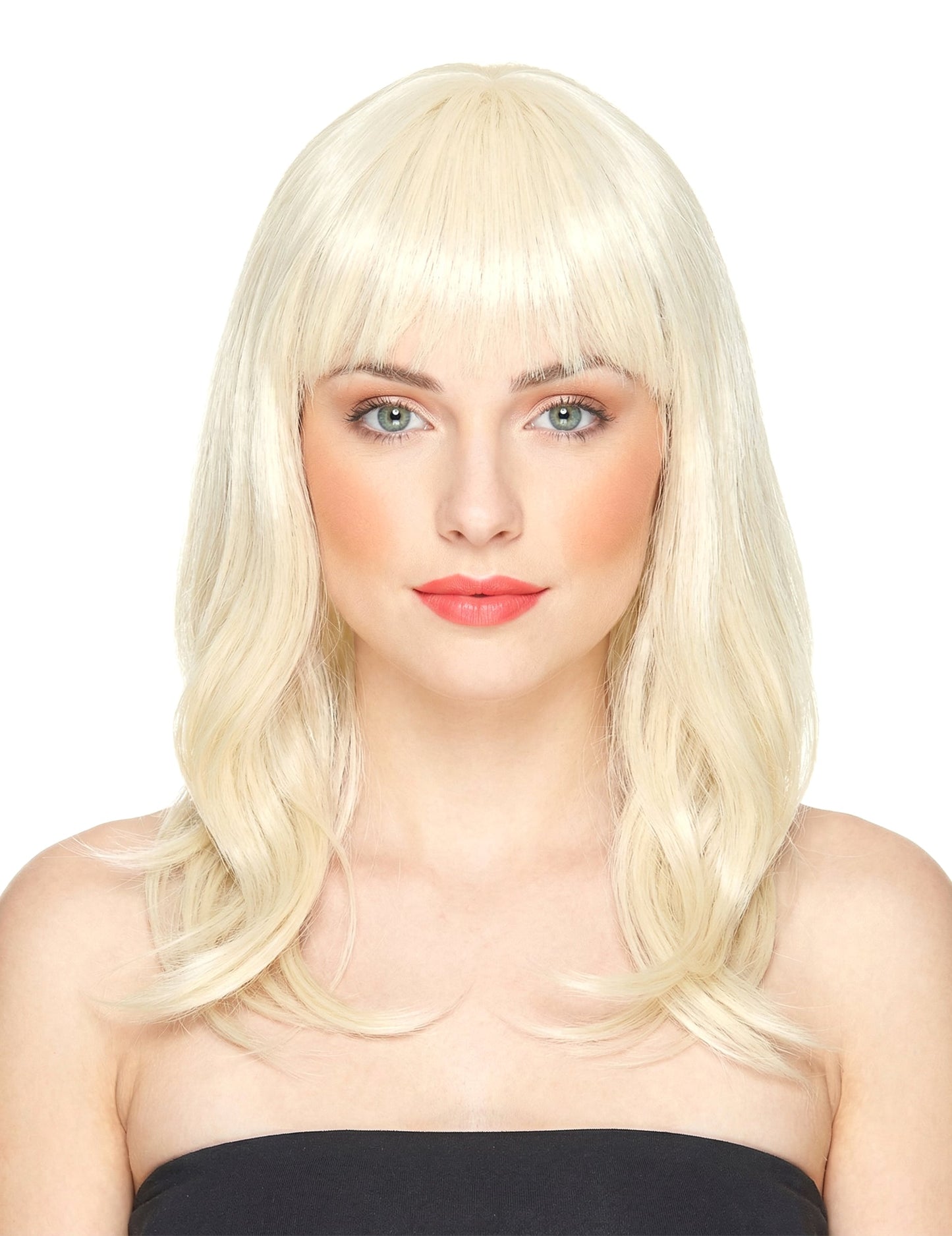 Perruque luxe mi-longue pour femme blonde avec frange