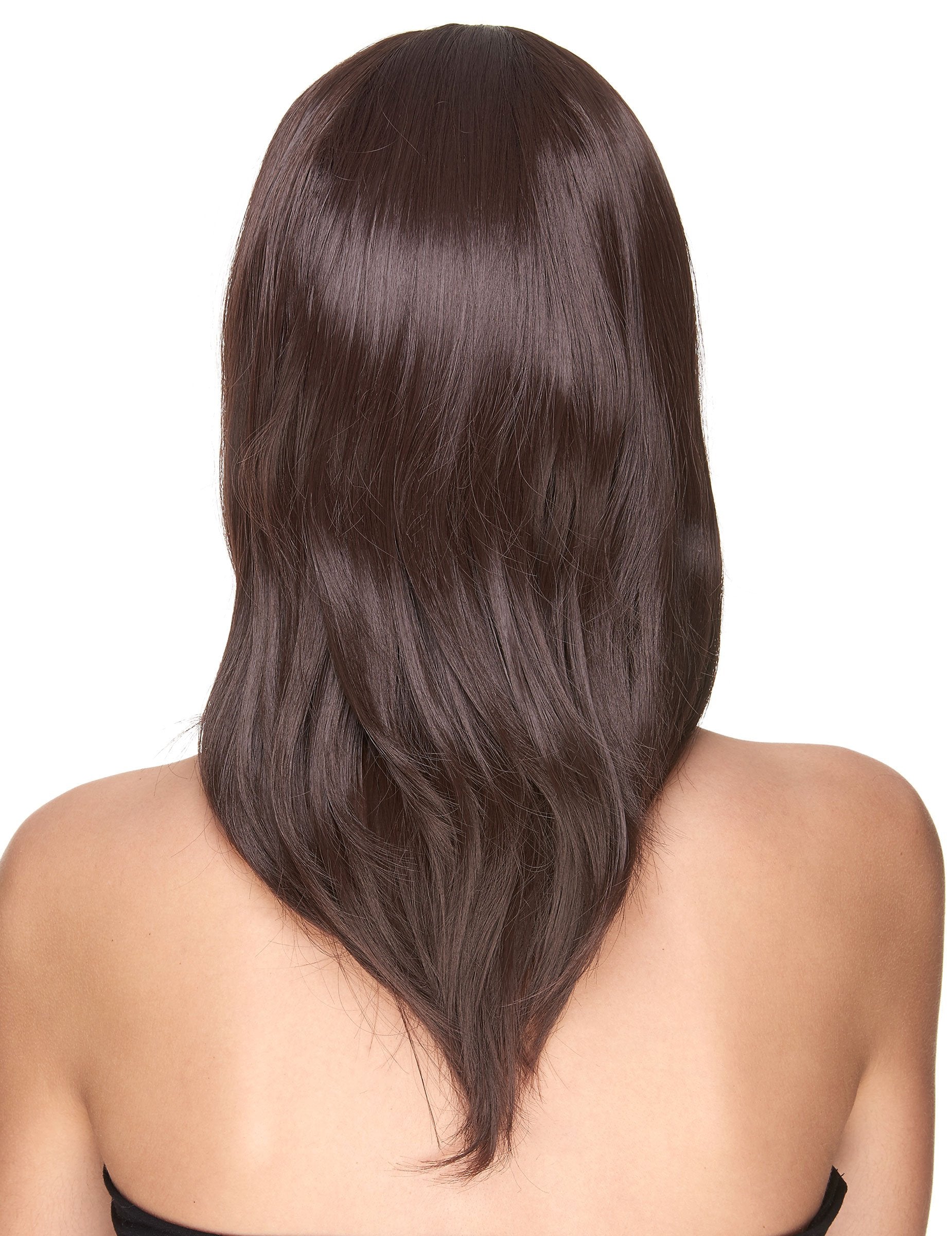 Vue de dos de la perruque luxe pour femme châtain mi-longue