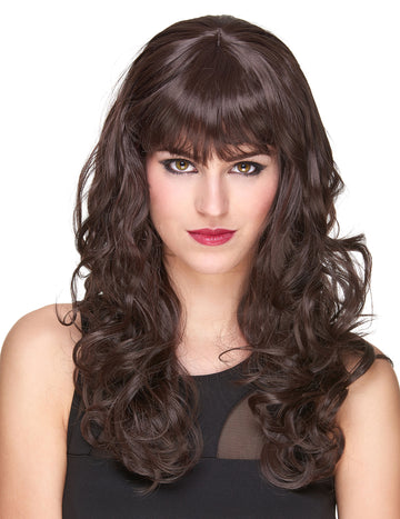 Luxusní hnědá vlnitá paruka s ofinou pro ženy - 221 g