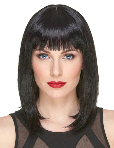 Perruque luxe noire mi-longue pour femme noire avec frange