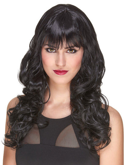 Perruque luxe pour femme noire ondulée avec frange
