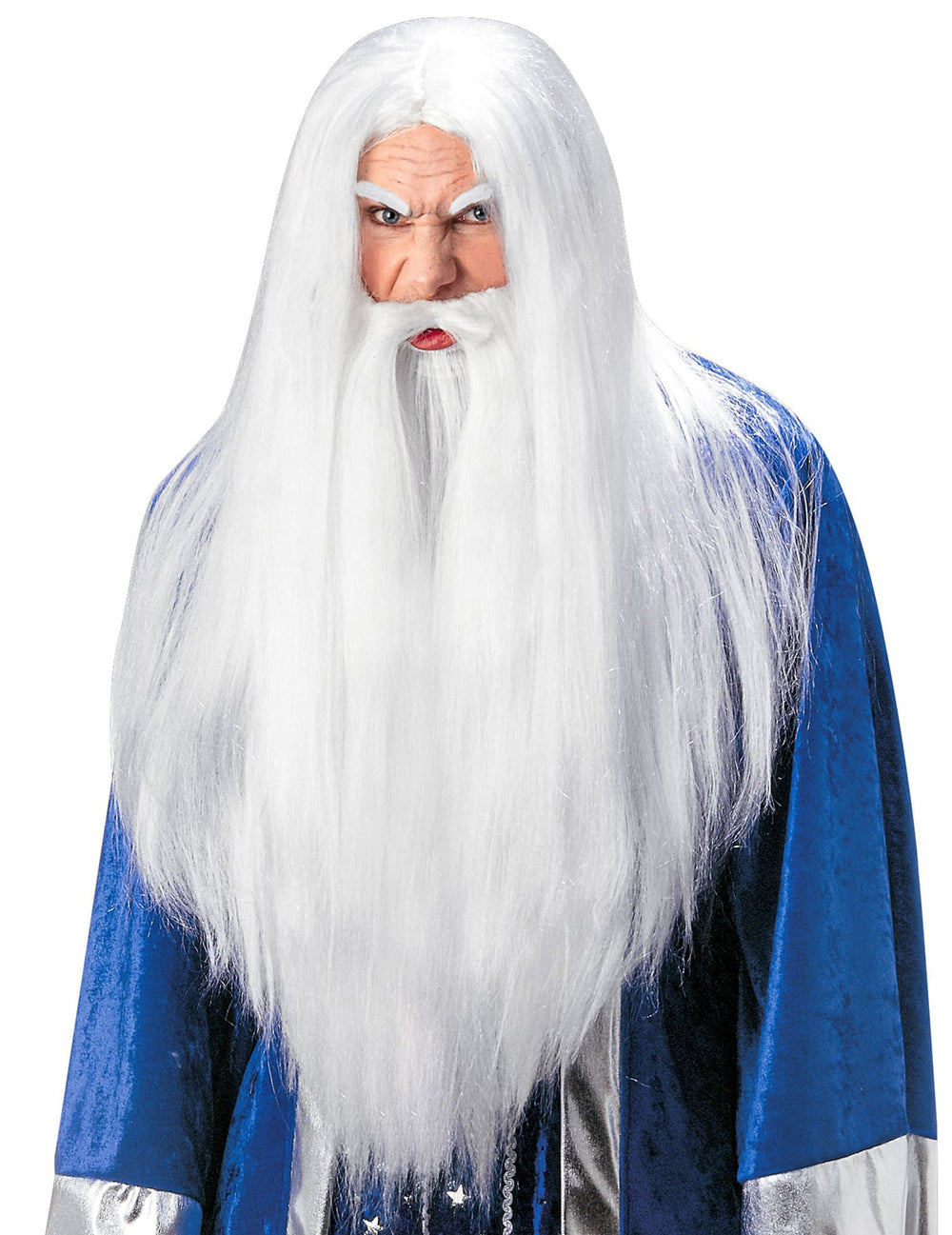 Perruque avec barbe de magicien pour adulte blanche longue
