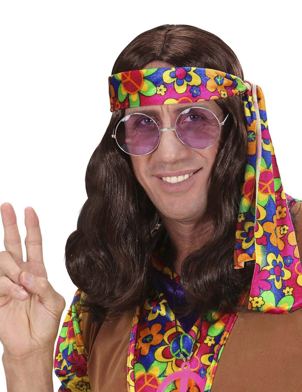 Hippie paruka pro dospělý hnědá s barevná květinovou čelenkou