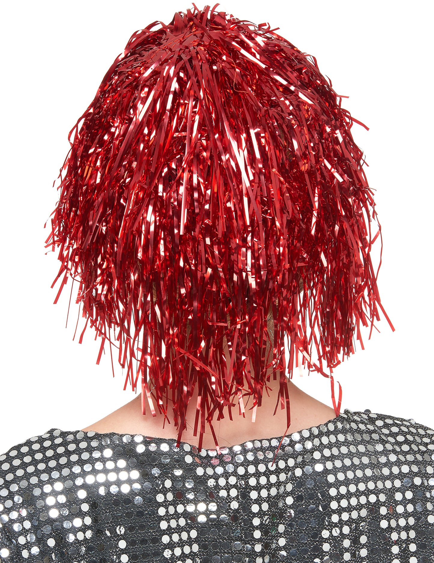 Metallic-Perücke mit Lametta-Fransen für Erwachsene rot