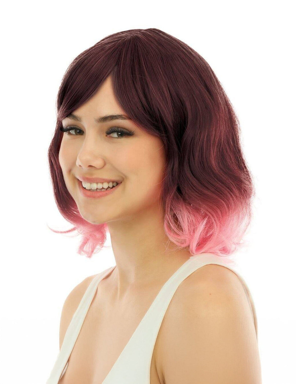 Perruque mi longue tie and dye rose luxe pour adulte dégradé prune et rose