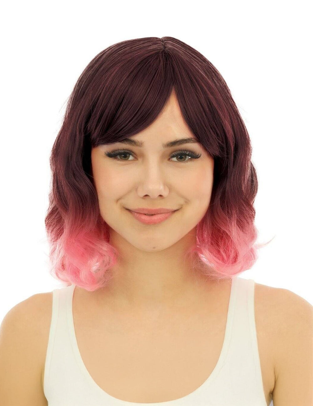 Vue de face de la perruque mi longue tie and dye rose luxe pour adulte