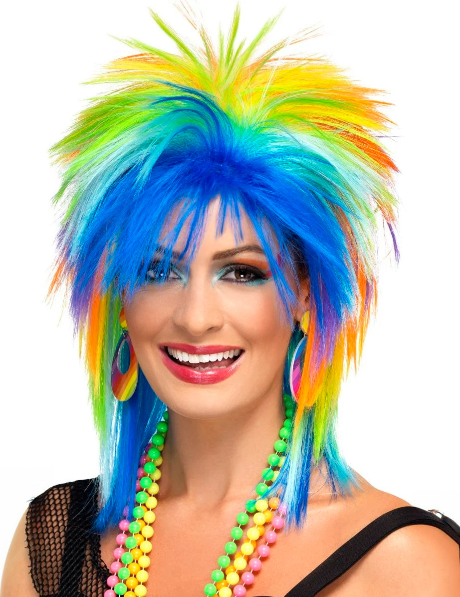 Perruque années 80 pour femme multicolore avec coupe hérissée