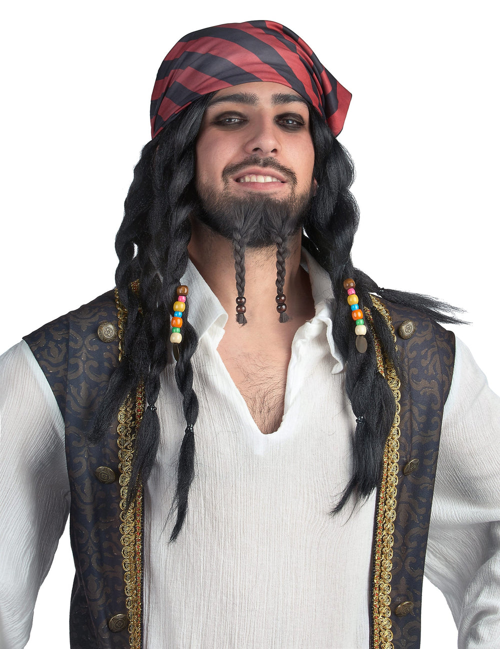 Perruque pirate à tresses pour adulte noire avec bandana rouge et noir et perles colorées