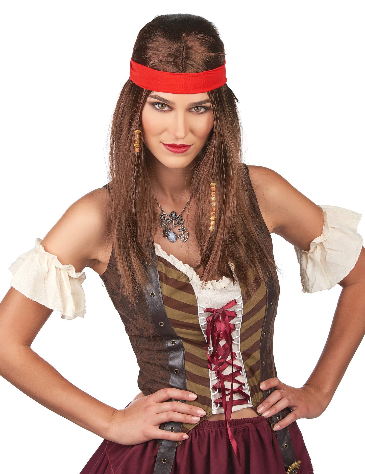 Perruque pirate ou hippie pour adulte marron avec bandana rouge