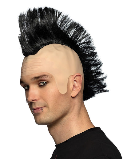 Perruque punk crête pour homme noire avec crâne chauve