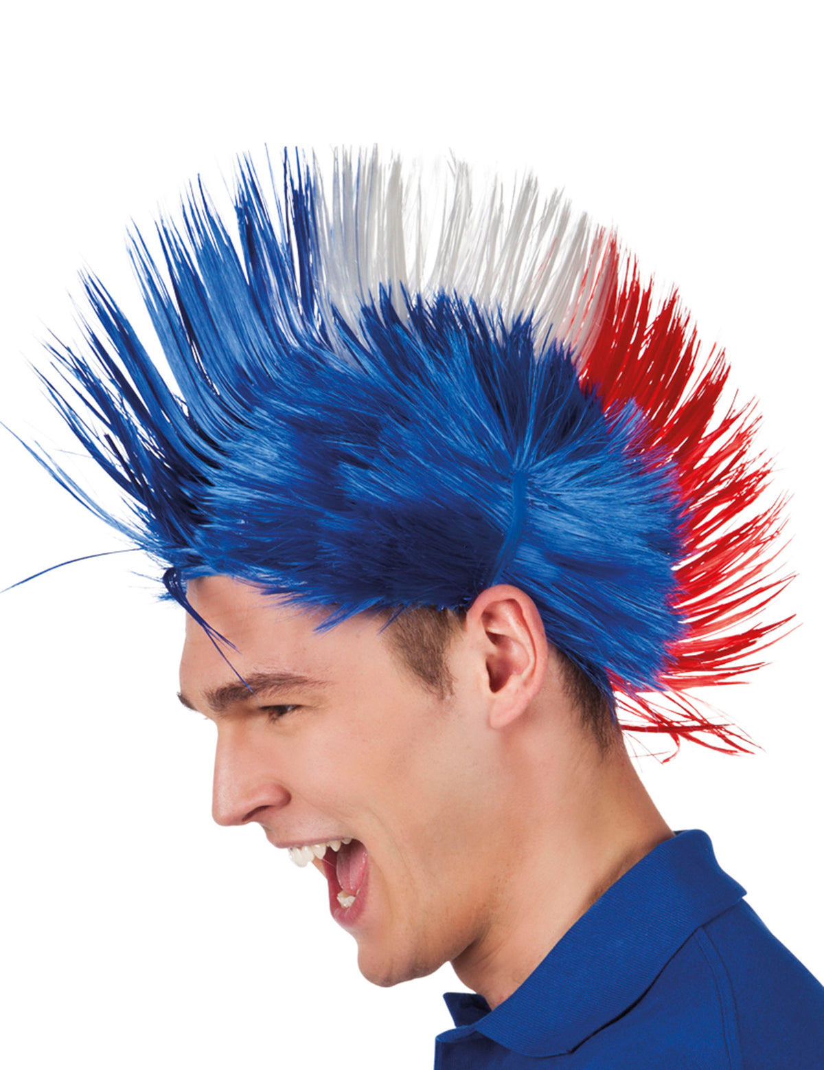 Perruque punk France pour homme bleu blanc rouge