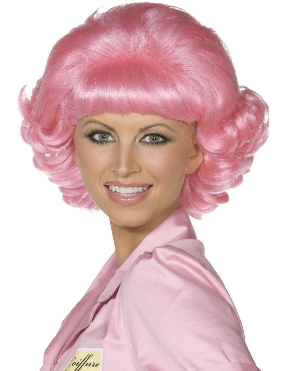 Perruque Grease™ pour femme rose bouclée et volumineuse