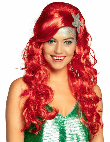Rote, lange und lockige Meerjungfrauen-Perücke mit Seestern für Erwachsene