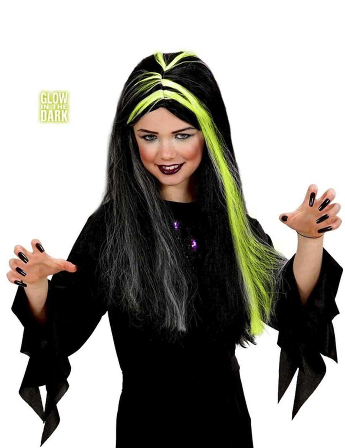 Perruque de sorcière Halloween pour fille noire et blanche phosphorescente