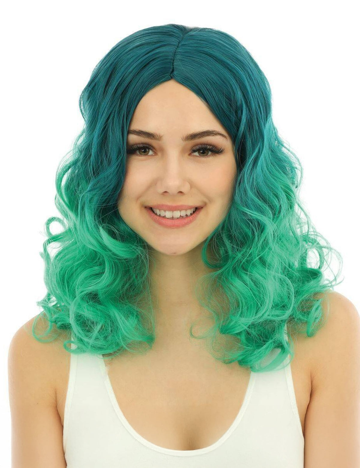 Vue de face de la perruque tie and dye luxe pour adulte verte ondulée