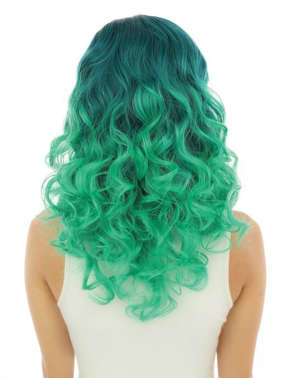 Vue de dos de la perruque tie and dye luxe pour adulte verte ondulée