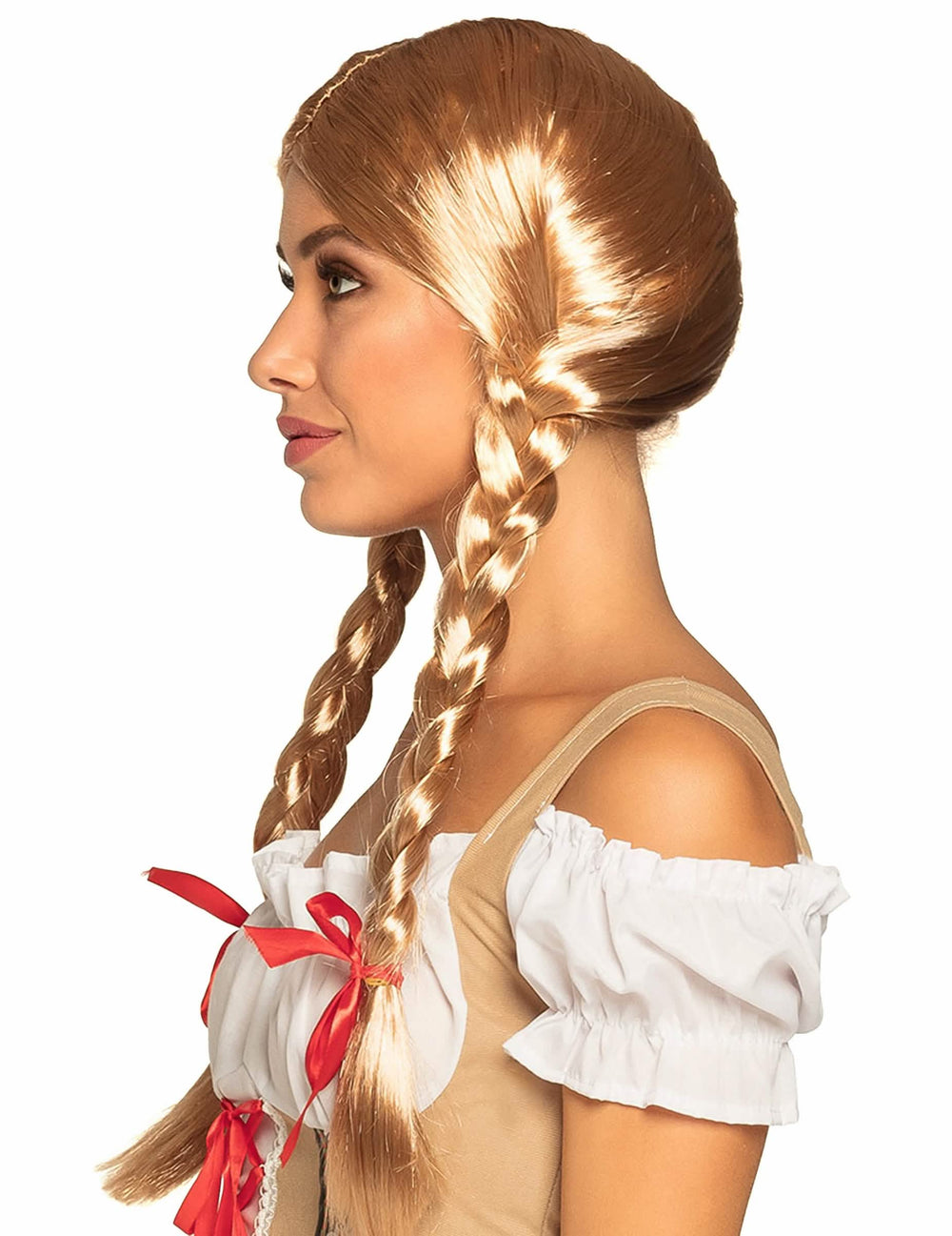 Boční pohled na blond ženskou spletenou paruku