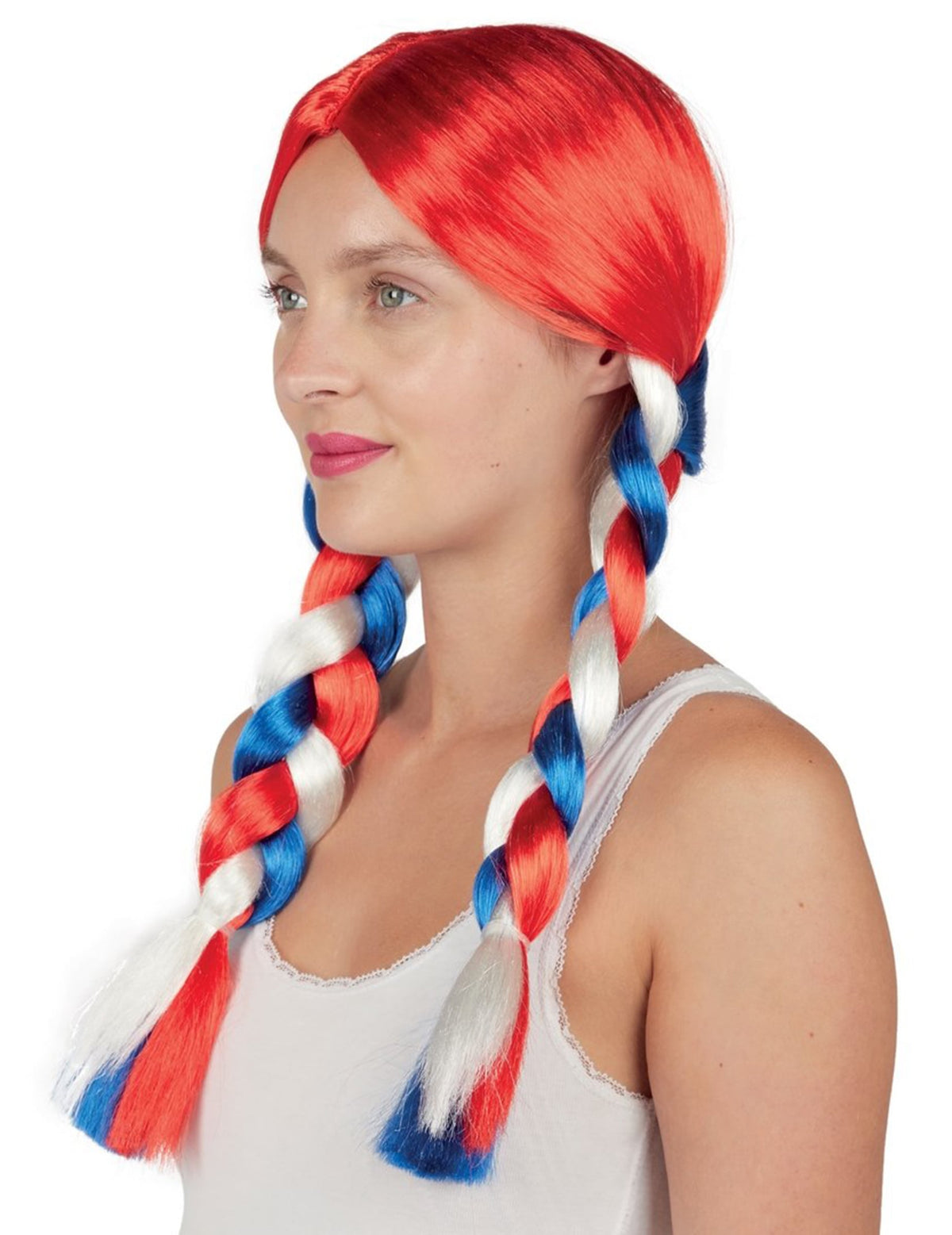 Vue de profil de la perruque tresses bleu blanc rouge