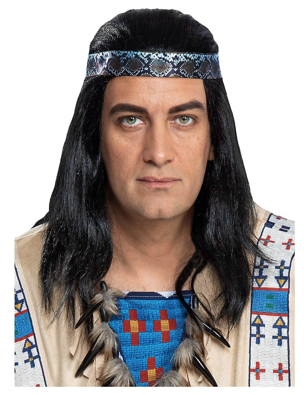 Paruka Winnetou pro dospělého černá s čelenkou s motivem hadí kůže