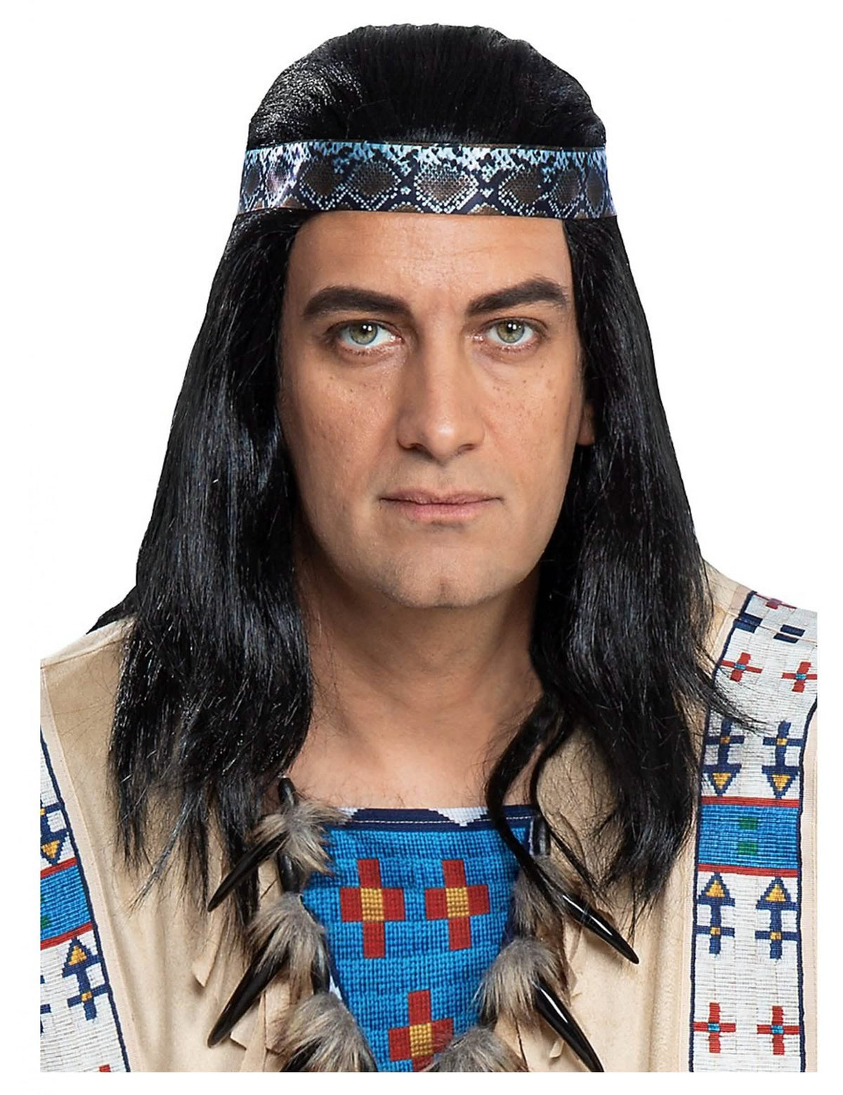 Paruka Winnetou pro dospělého černá s čelenkou s motivem hadí kůže