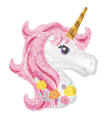 Malý květovaný balonek s hlavou jednorožce 22 x 25 cm hliník