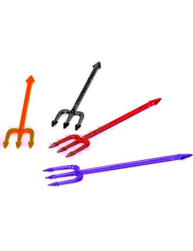 Tridentové špízy na jednohubky pro barevné aperitivy oranžové, černé, červené a fialové