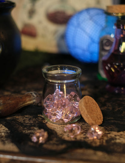 Bocal ouvert et bouchon en liège des pierres effet cristal pour décoration de table rose