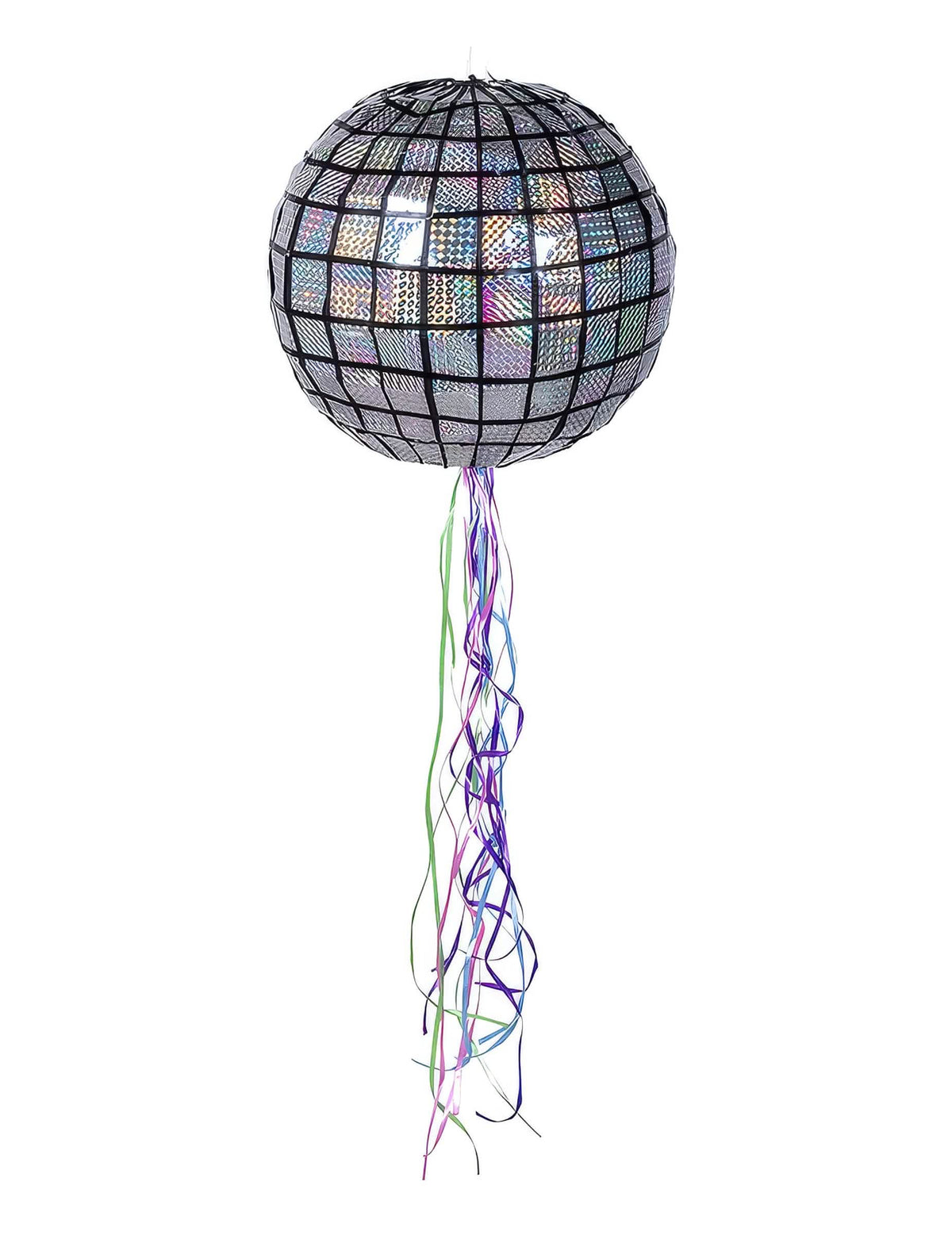 Disco piñata ve tvaru koule s efektem stříbrné disko koule a barevnými stuhami