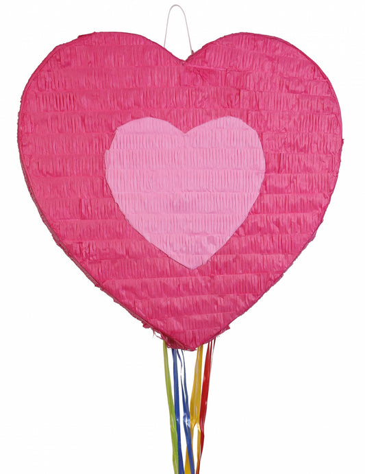 Piñata cœur pour fête rose à suspendre avec rubans multicolores