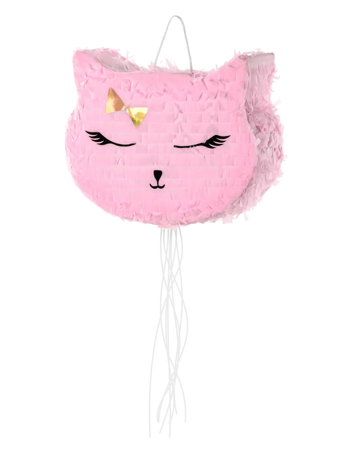 Piñata kočky pro narozeniny růžová s zlatá mašlí