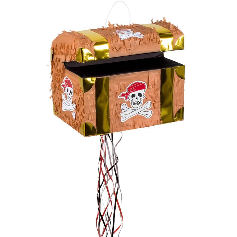 Piñata pirátský poklad pro dítě hnědá a zlatá s lebkou