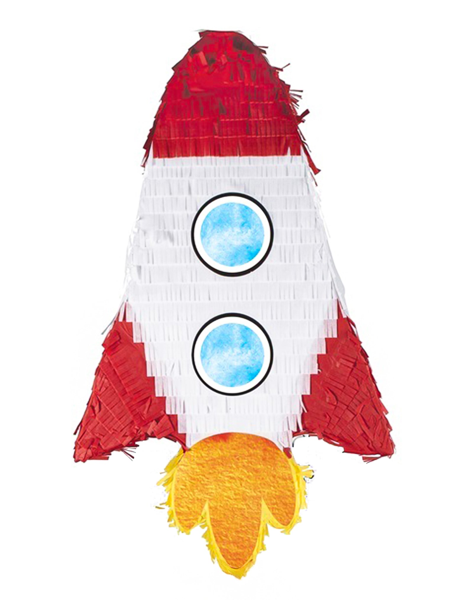 Piñata fusée pour enfant rouge et blanche avec flammes jaunes