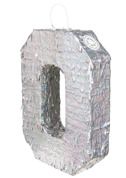 Holografická stříbrná piñata číslo 0, 40 x 28 x 8 cm na párty