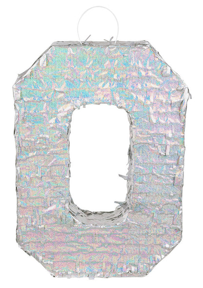 Holografická stříbrná piñata číslo 0, 40 x 28 x 8 cm na párty