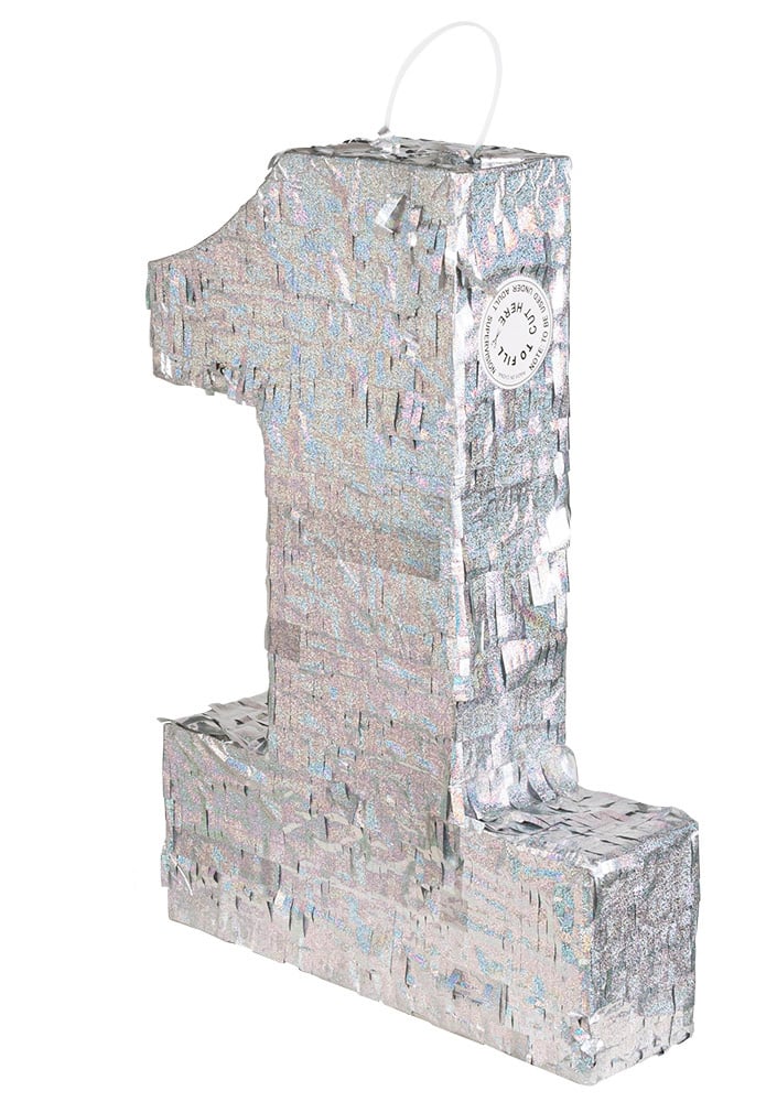 Holografická stříbrná Piñata číslo 1 40 x 28 x 8 cm slavnostní
