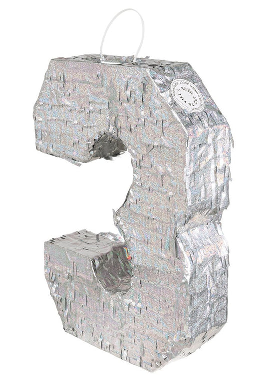 Piñata chiffre 3 pour anniversaire holographique argent